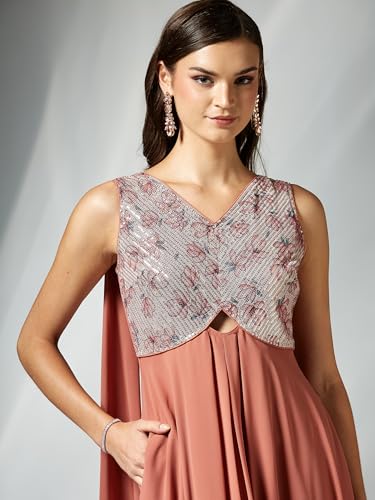 Miss Chase Women's V-Neck Sleeveless Floral Cut-Out Georgette Maxi Dress (MCSS24D06-70-288-03, Dark Peach, S)