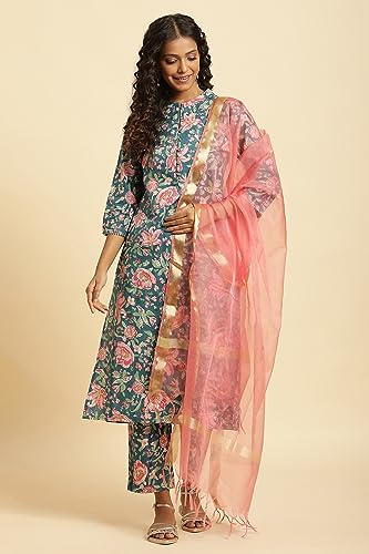 Teal Blue Printed Kurta, Bottom and Organza Dupatta Set_24AUWS10161-122807_M