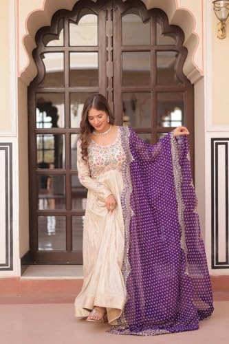 Forteo Fashion Women Cosmos Weaving Jequard with Pearl Beads Embroidered Work Gown with Duppata Set Gown | Festival Wear (in, Alpha, 2XL, Regular, Purple)