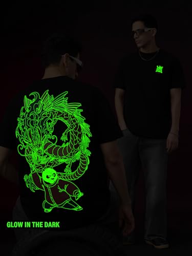 The Souled Store Kung Fu Panda: Glow Po Men and Boys Short Sleeves Round Neck Black Graphic Printed Dragon Graphic Casual Drop Shoulder Cotton Oversized T-Shirt