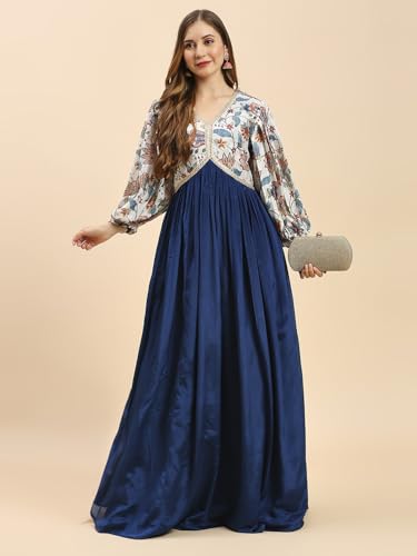 madhuram textiles Women's Chinon Gown For Women Ethnic With Digital Print And Embroidery Work Long Gown(M-2453 Mor Pichch_Small) Blue