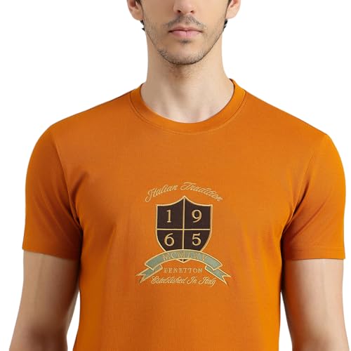 United Colors of Benetton Regular Fit Round Neck Embroidered T-Shirt (Size : S) - 26P3M89J3320IDY2 Rust