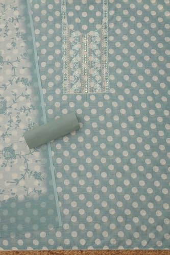 Soch Womens Turquoise Blue Linen Blend Polka Dot Unstitch Dress Material With Mirror Work