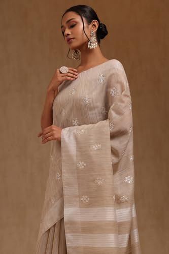 Soch Womens Beige Chanderi Embroidered Saree With Thread Work