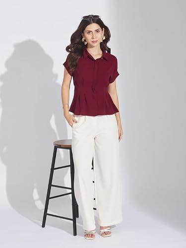 Latin Quarters Women Maroon Half Sleeve Collared Casual Solid Shirt_S
