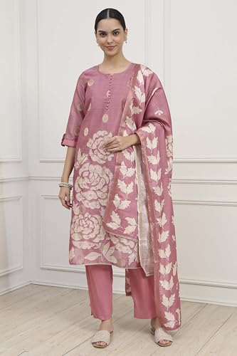 Biba Women Pink Chanderi Blend Printed Embroidered Unstitched Suit Set_FREE SIZE
