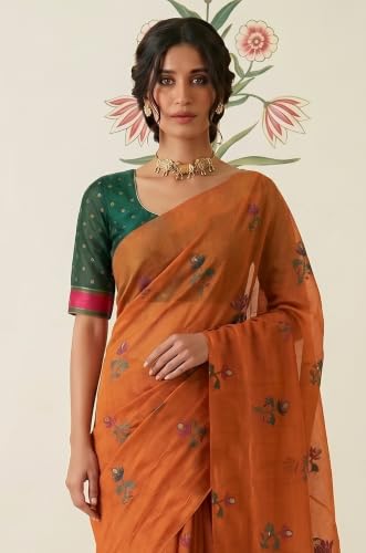 Label Aarna Women's Tangerine Cotton Saree with Unstitched Blouse Piece | Woven | Motifs Across Pallu | Modern Saree
