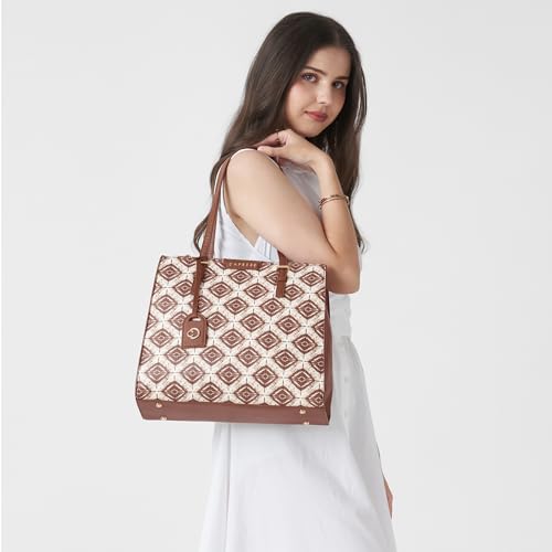 Caprese Shibori Medium Satchel Bag for Women | Printed Faux Leather Shoulder Bag with Adjustable & Detachable Strap | Multi-Compartments | Zipper Closure | Everyday Office, Travel & Casual Use (Brown)