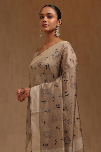 Soch Womens Beige Chanderi Warli Print Saree With Thread Work