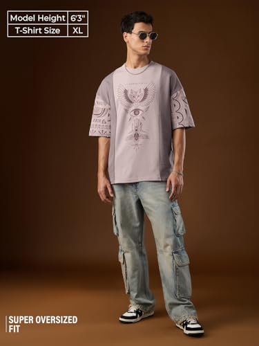 The Souled Store Nomad: Tell Me Men and Boys Short Sleeves Round Neck Mauve Graphic Printed Comfortable Casual Drop Shoulder Streetwear Trendy Super Oversized T-Shirt