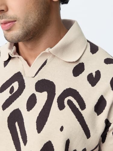 The Souled Store Soul Beat Men and Boys Short Sleeve Spread Collar Beige Abstract Jacquard Print Cotton Blend Regular Fit Lightweight Everyday Office Wear Easy to Style Trendy Polos