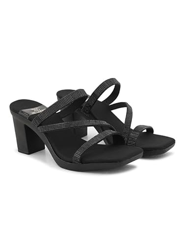 XE Looks Black Women's Fashion Sandals | Faux Leather Soft and Trendy SlipOn Block Heel | Casula & Wedding Occasion | For Women & Girls