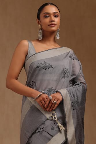 Soch Womens Grey Chanderi Warli Saree With Thread Work