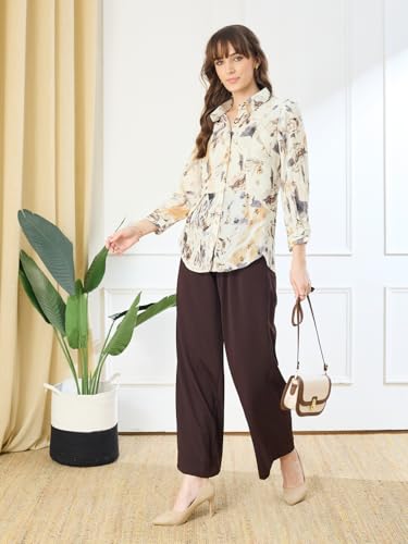 Latin Quarters Women's Ivory 3/4th Sleeves Collar Neck Casual Printed Shirt_S