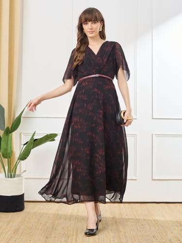 Latin Quarters Women's Black Half Sleeves V-Neck Casual Printed Dress_M