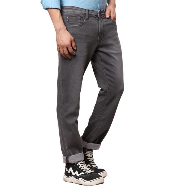 Raymond Men's Slim Fit Cotton Blend Solid Pattern Flat Front Jeans Grey