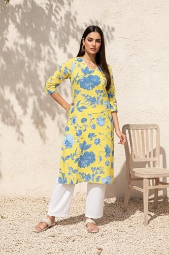 W for Woman Yellow Floral Printed Straight Cotton Kurta (W13510-127083-XL)