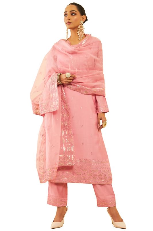 Soch Womens Pink Chanderi Floral Embroidered Suit Set With Sequins
