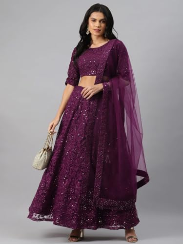 Zeel Clothing Womens Thread Sequins Embroidery Soft Net Semi-stitched Lehenga Choli Set With Dupatta (6017-Purple-Wedding-Stylish-Latest; Free Size)