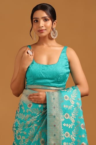 Soch Womens Turquoise Blue Satin Floral Saree With Zari Work