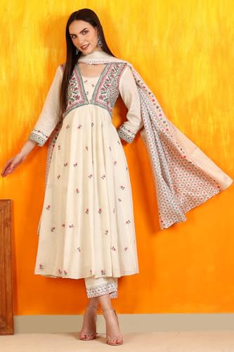 W for Woman Off-White Embroidered Yoke Textured Cotton Anarkali Kurta, Pants and Dupatta Set (Size: XL)-WS12118-222952