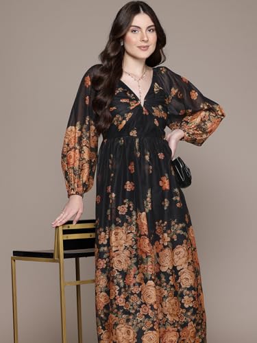 Label RITU KUMAR V Neck Full Sleeves Printed Long Dress Black