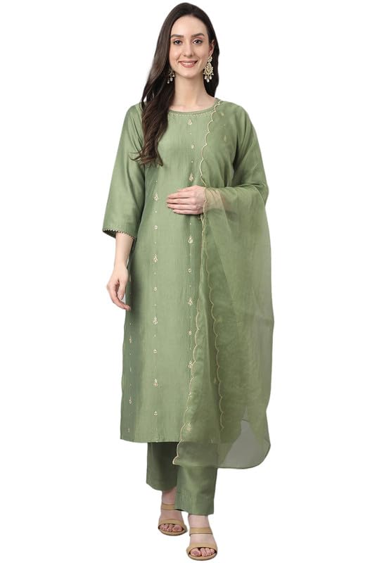 Janasya Women's Green Chinon Solid Kurta with Pant and Dupatta (SET567-KR-NP-J-S)