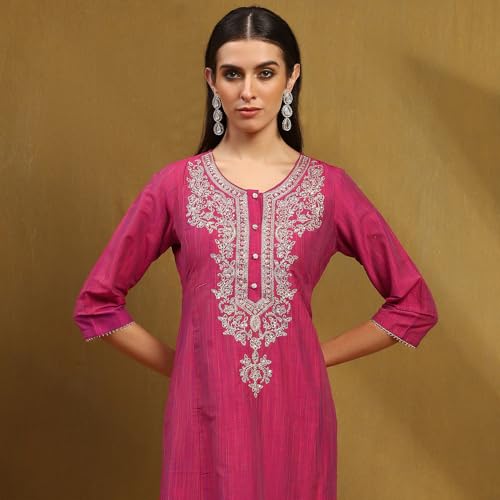 Biba Women Pink Cotton Embroidered Kalidar Suit Set_42