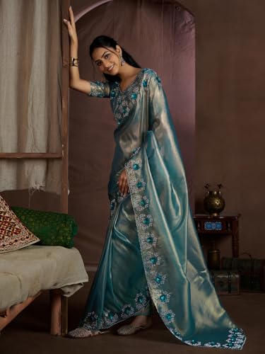 SAREE MALL Women's Teal blue Organza Embellished Saree With Unstitched Blouse (MAHEK926E_MK)