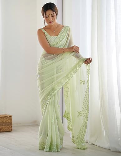SGF11 Women's Georgette Silk and Sequence Work Saree With Unstiched Blouse Piece (Light Green)