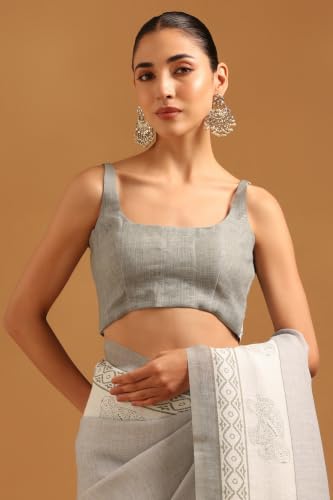 Soch Womens Grey Linen Ethnic Motifs Printed Saree