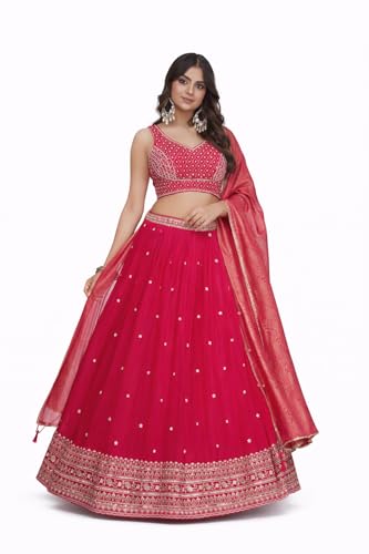 Dharohar Organza Handwork Lehenga Choli with Crop Top, Pink Embroidered Traditional Indian Ethnic Wear