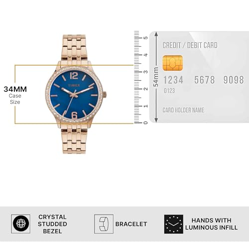 TIMEX Analog Watch for Women with Blue Dial & Rose Gold Stainless Steel Bracelet Band - Water Resistant Women's Wrist Watches -TWEL230SMU03