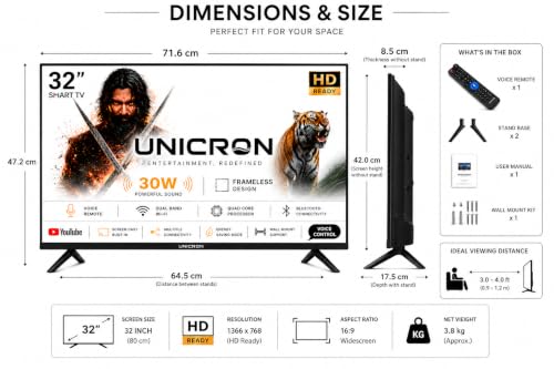 UNICRON 32 Inch Frameless Smart LED TV | Voice Control Android Smart TV | Bluetooth, WiFi, Screen Mirroring | HD Ready Display | HDMI, USB Connectivity | Smart Television for Home | Screen A+ TV