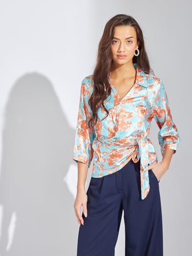 Latin Quarters Women Brown Floral Printed Collar Neck 3/4 Sleeve Top | Polyester Stretch Shirt with Side Tie & Button Closure