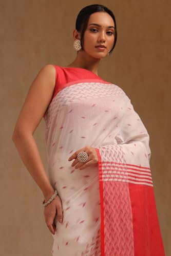 Soch Womens White Cotton Woven Design Saree
