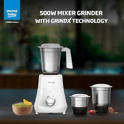 Voltas Beko, A Tata Product Powerfull 500 W Mixer Grinder with GrindX Technology (G5003HP-WH | 3 Jars | White)