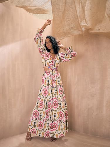 Pink Paprika by Sassafras Women's White Ikat Print Waist Cut-Out Maxi -XS