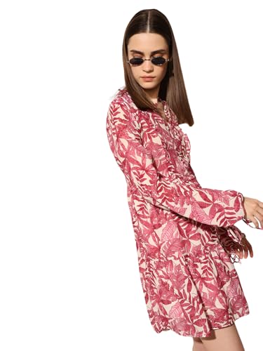 ONLY Women's Tropical Print Fit and Flare Maroon Dress