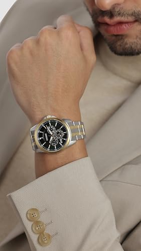 Citizen Stainless Steel Analog Quartz Multifuction Men's Black Dial Watch - AG8348-56X, Band Color-Two-Tone