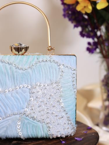 THE TAN CLAN Women's Blue Sequin Beaded Box Clutch Purse | Bridal Wedding Party Evening Handbag | Stylish Ethnic Crossbody Bag with Gold Chain Strap and Metal Handle for Women