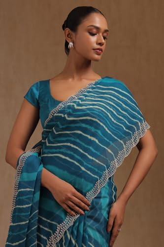 Soch Womens Teal Blue Georgette Leheriya Print Saree With Thread Work