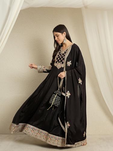 Shampysky Women's Black Chinon Stitched Gown With Dupatta Full Sleeve Embroidered Anarkali Gown (SSY-1230-Black-XXL)