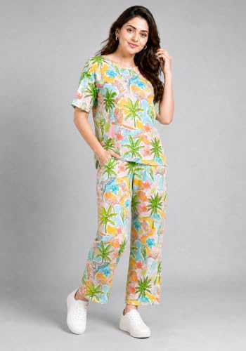 Wear Your Opinion Women Coords Set | Tshirt & Pant Night Suit Pyjama Sets (Coastal Escape, Small, Orange)