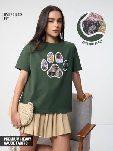 The Souled Store Pets On Prints: Women and Girls Short Sleeves Round Neck Dark Green Graphic Printed Cotton Lightweight Everyday Streetwear Oversized T-Shirt