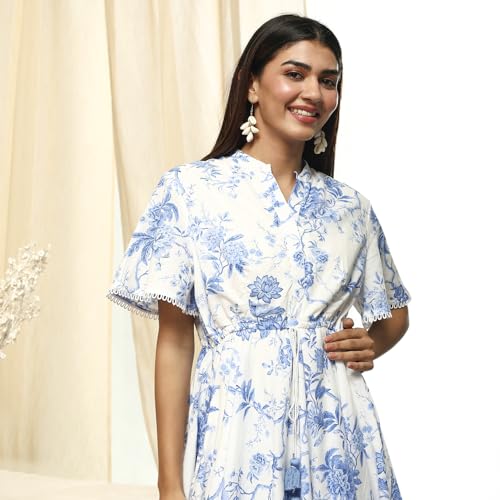 BIBA Women's Cotton Midi Dress (BLPOT3025SS25OWHTBLU_Off-White-Blue