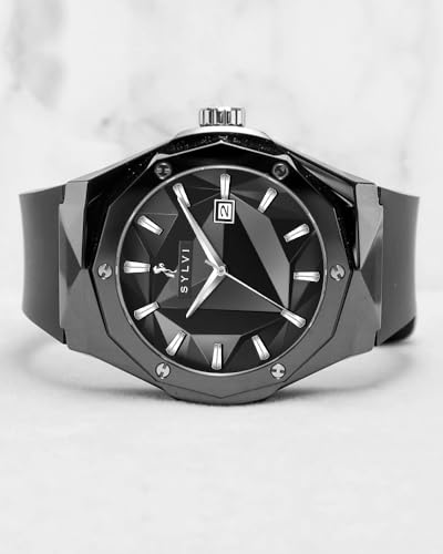 Sylvi Imperial Analog Watch for Men, Black Dial with 40mm Stainless Steel Case, Silicone Strap, 3 ATM 30m Water Resistant, Mineral Glass, Quartz Date Display, Slim Formal & Casual, 1 Year Warranty