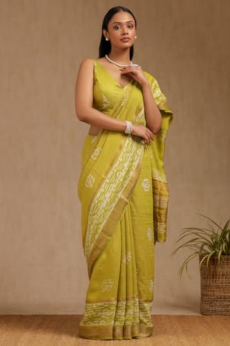 Soch Womens Light Green Art Silk Batik Print Saree With Zari Woven