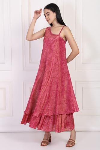 W for Woman Pink Sequin Zari Embellished Flared Tissue Dress - (W13233-126427-S)