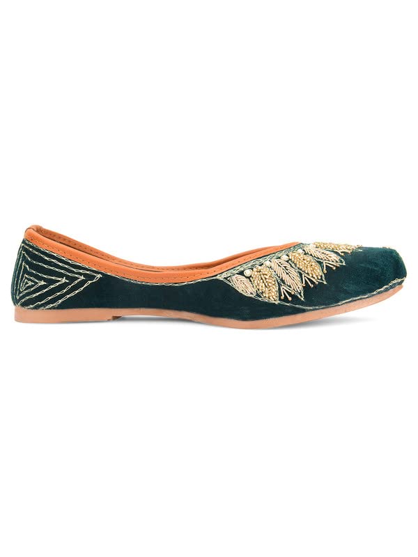 DESI COLOUR Mojari Punjabi Jutti for Women Ethnic Footwear- Velvet Hand Embroidered (Green, Numeric_8)